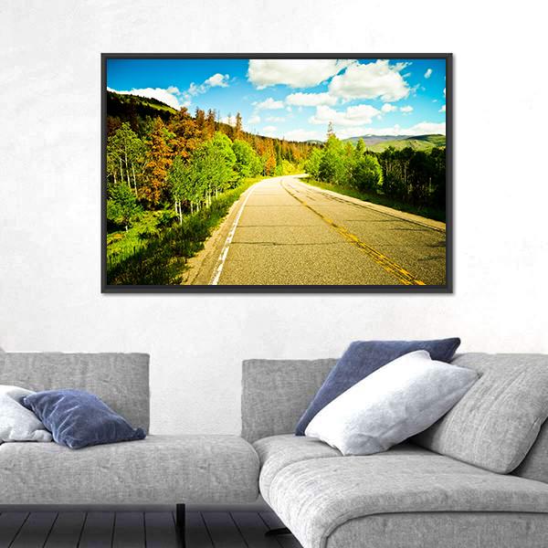 Sunny Road Among Trees With Colorful Leaves Canvas Wall Art-3 Horizontal-Gallery Wrap-25" x 16"-Tiaracle