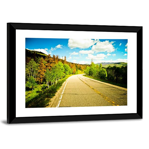 Sunny Road Among Trees With Colorful Leaves Canvas Wall Art-3 Horizontal-Gallery Wrap-25" x 16"-Tiaracle