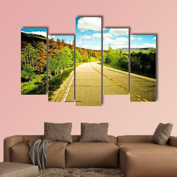Sunny Road Among Trees With Colorful Leaves Canvas Wall Art-5 Pop-Gallery Wrap-47" x 32"-Tiaracle