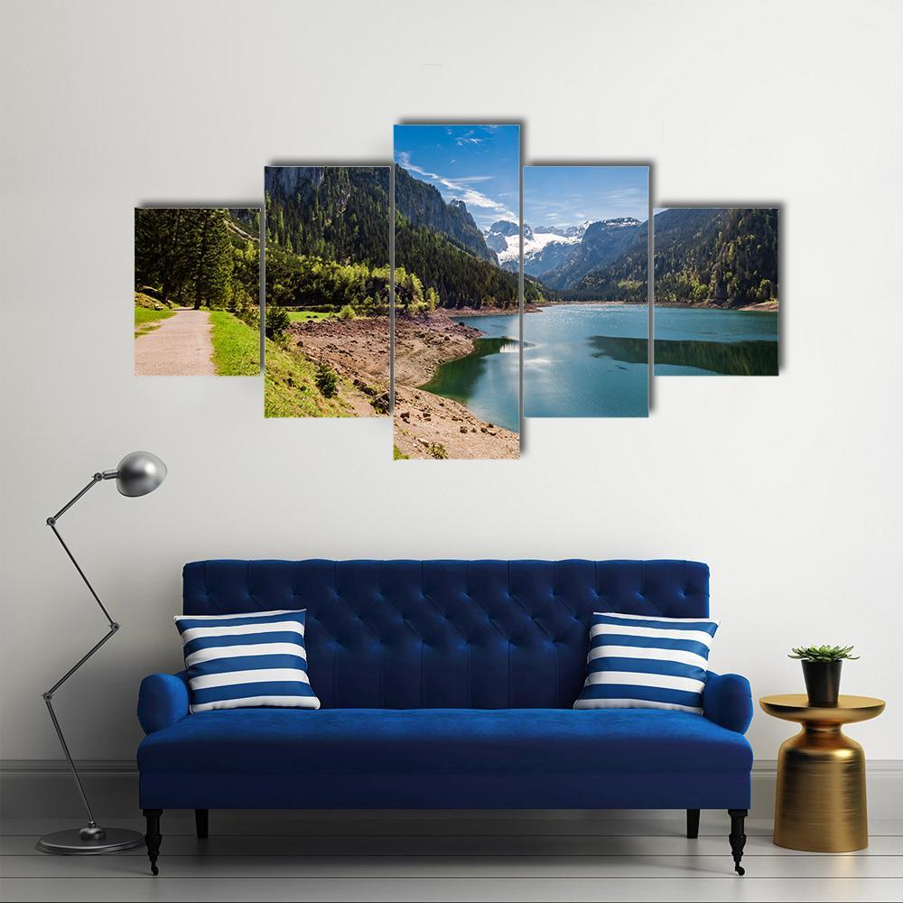 Sunny Sunrise At Gosausee Lake Canvas Wall Art-5 Star-Gallery Wrap-62" x 32"-Tiaracle