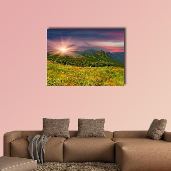 Sunrise Above Mountains Canvas Wall Art-1 Piece-Gallery Wrap-48" x 32"-Tiaracle