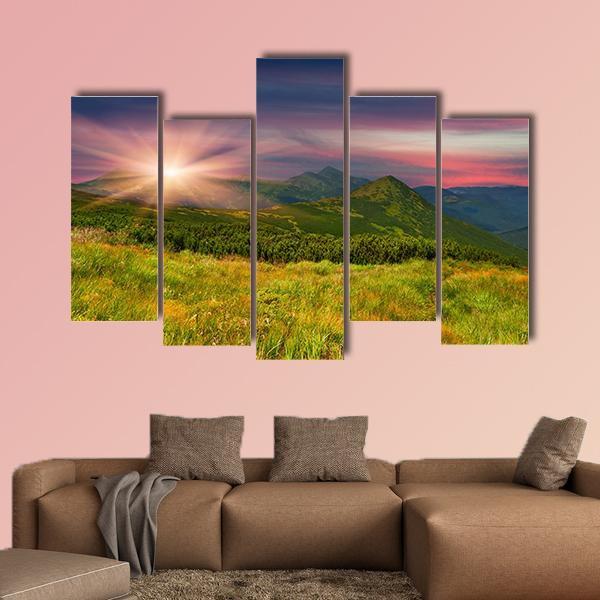 Sunrise Above Mountains Canvas Wall Art-5 Pop-Gallery Wrap-47&quot; x 32&quot;-Tiaracle