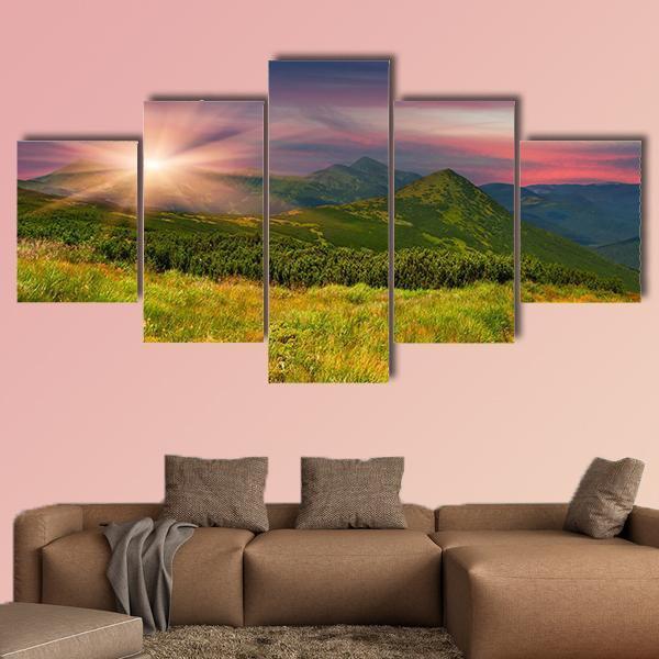 Sunrise Above Mountains Canvas Wall Art-5 Star-Gallery Wrap-62&quot; x 32&quot;-Tiaracle