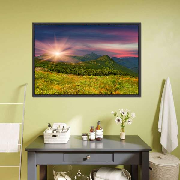Sunrise Above Mountains Canvas Wall Art-1 Piece-Floating Frame-24" x 16"-Tiaracle