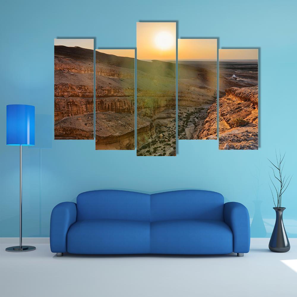 Sunrise Above Tamerza Canyon Canvas Wall Art-5 Pop-Gallery Wrap-47" x 32"-Tiaracle