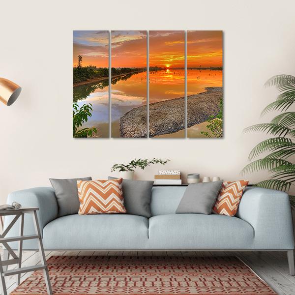 Sunrise Across A River India Canvas Wall Art-4 Horizontal-Gallery Wrap-34" x 24"-Tiaracle