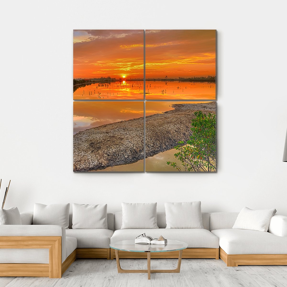 Sunrise Across A River India Canvas Wall Art-4 Square-Gallery Wrap-17" x 17"-Tiaracle