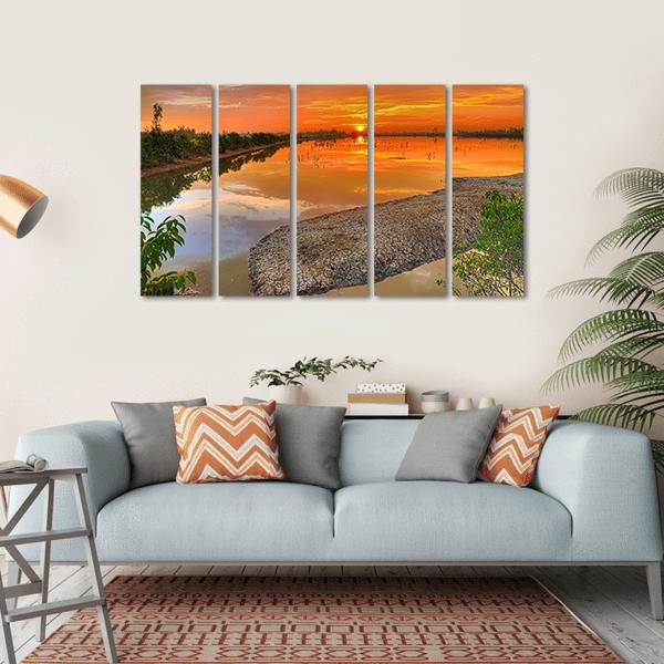 Sunrise Across A River India Canvas Wall Art-5 Horizontal-Gallery Wrap-22" x 12"-Tiaracle