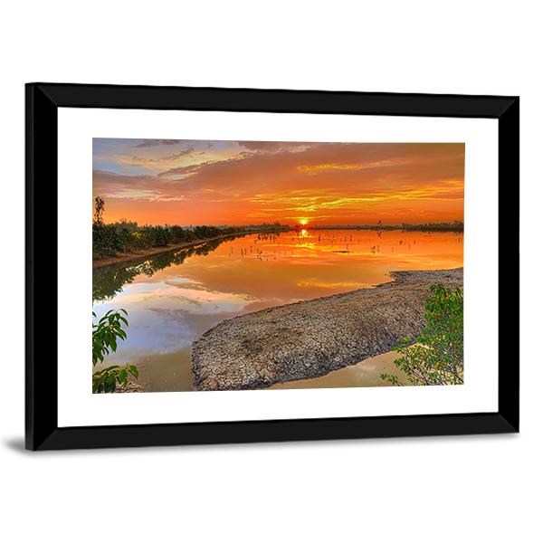 Sunrise Across A River India Canvas Wall Art-3 Horizontal-Gallery Wrap-25" x 16"-Tiaracle
