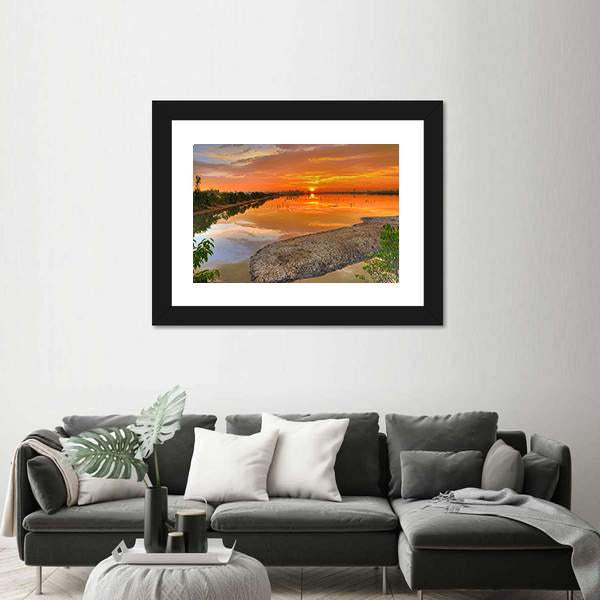 Sunrise Across A River India Canvas Wall Art-3 Horizontal-Gallery Wrap-25" x 16"-Tiaracle