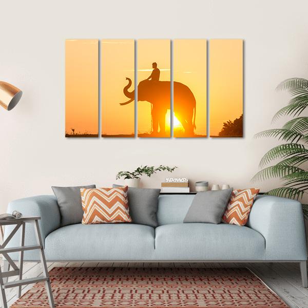 Sunrise Action Of Thai Elephant Canvas Wall Art-5 Horizontal-Gallery Wrap-22" x 12"-Tiaracle