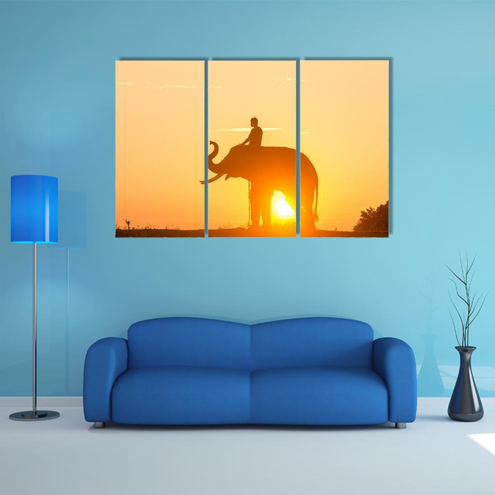 Sunrise Action Of Thai Elephant Canvas Wall Art-3 Horizontal-Gallery Wrap-37" x 24"-Tiaracle