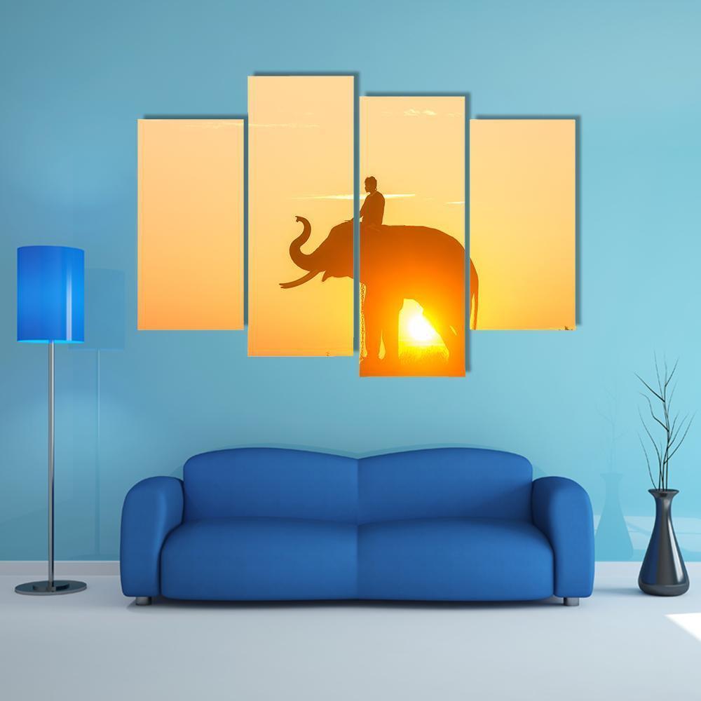 Sunrise Action Of Thai Elephant Canvas Wall Art-4 Pop-Gallery Wrap-50" x 32"-Tiaracle