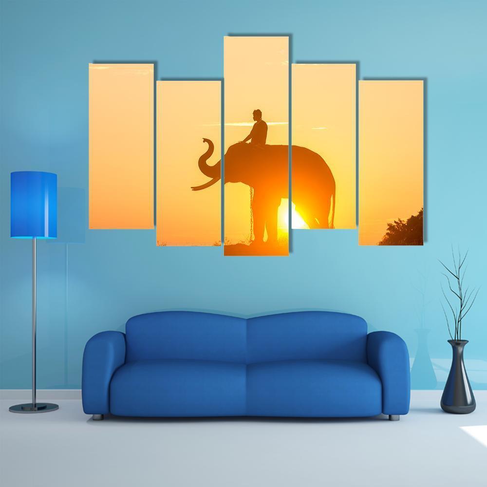 Sunrise Action Of Thai Elephant Canvas Wall Art-5 Pop-Gallery Wrap-47" x 32"-Tiaracle