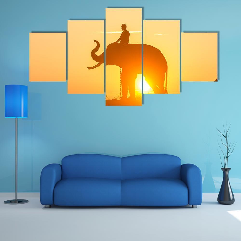 Sunrise Action Of Thai Elephant Canvas Wall Art-5 Star-Gallery Wrap-62" x 32"-Tiaracle
