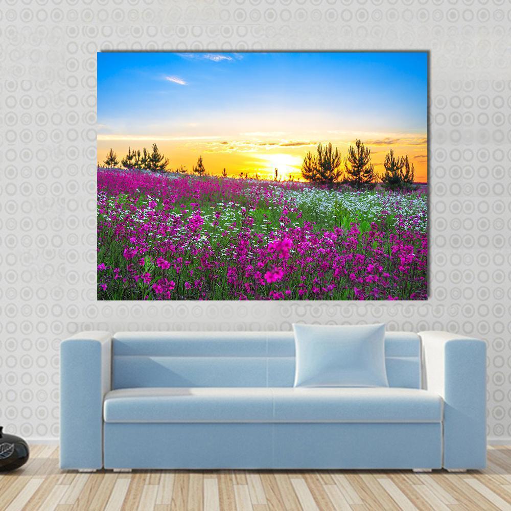 Wildflower Field at Sunset Canvas Wall Art in yellow, blue and pink, single panel hung on a wall