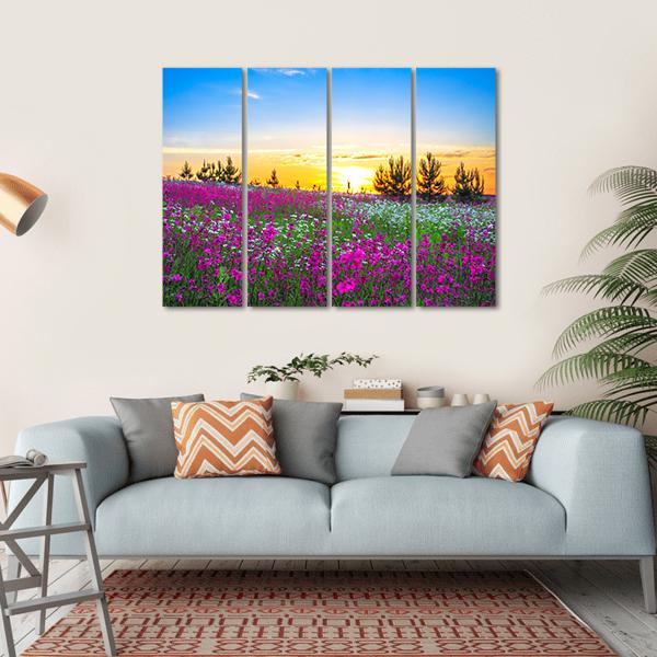 Sunrise And Flowers Scenery Canvas Wall Art-4 Horizontal-Gallery Wrap-34" x 24"-Tiaracle