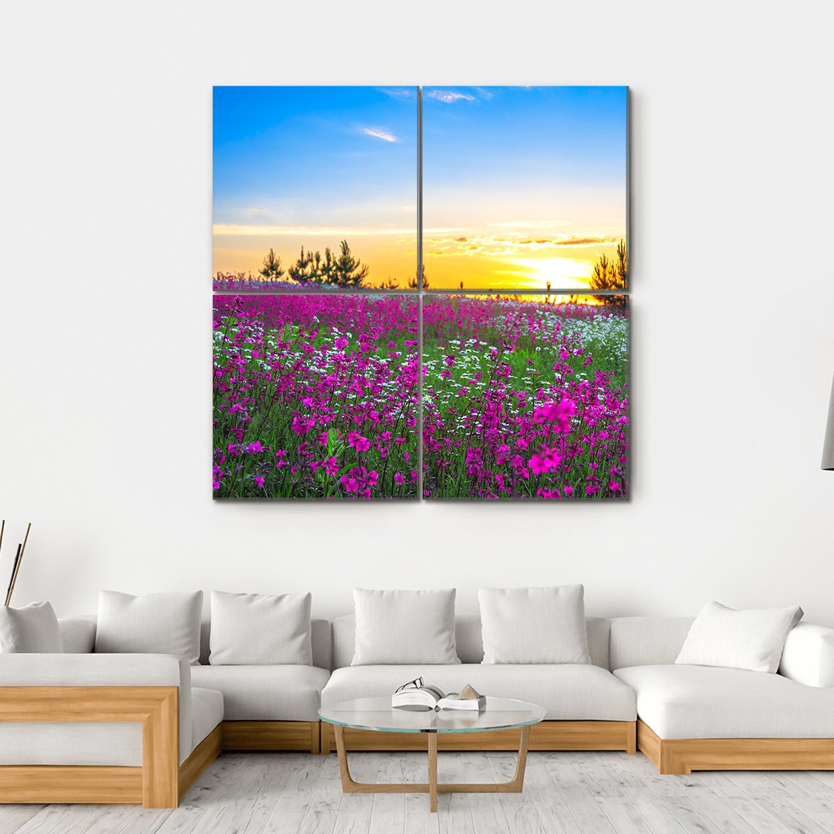 Sunrise And Flowers Scenery Canvas Wall Art-4 Square-Gallery Wrap-17" x 17"-Tiaracle