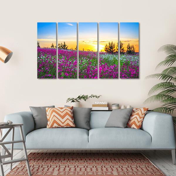 Sunrise And Flowers Scenery Canvas Wall Art-5 Horizontal-Gallery Wrap-22" x 12"-Tiaracle