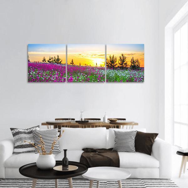 Sunrise And Flowers Scenery Panoramic Canvas Wall Art-3 Piece-25" x 08"-Tiaracle