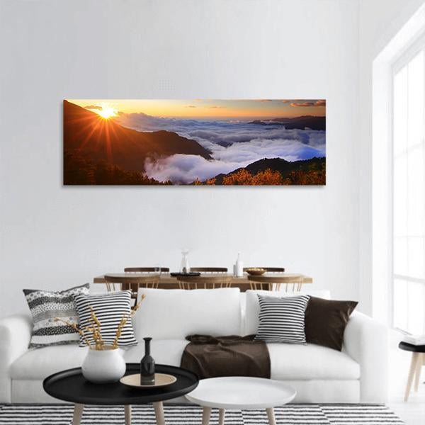 Sunrise And Sea Of Cloud With Mountains Panoramic Canvas Wall Art-1 Piece-36" x 12"-Tiaracle