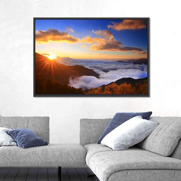 Sunrise And Sea Of Cloud With Mountains Panoramic Canvas Wall Art-1 Piece-36" x 12"-Tiaracle