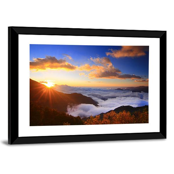Sunrise And Sea Of Cloud With Mountains Panoramic Canvas Wall Art-1 Piece-36" x 12"-Tiaracle