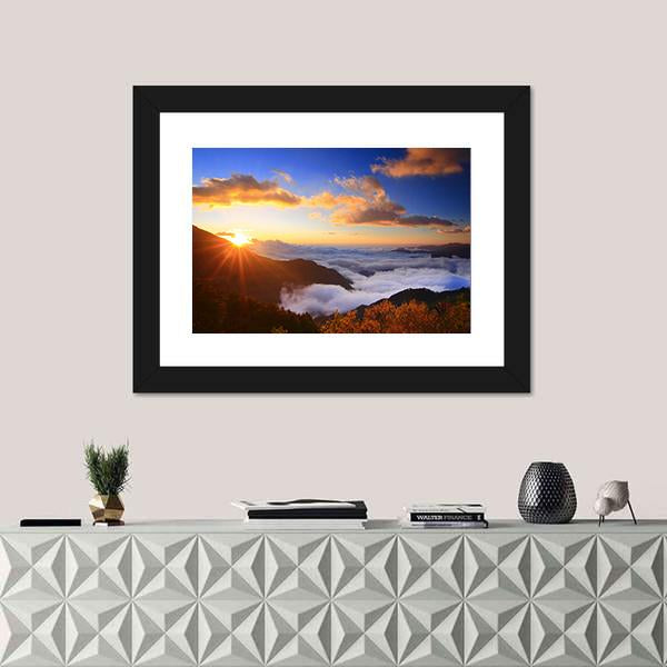 Sunrise And Sea Of Cloud With Mountains Panoramic Canvas Wall Art-1 Piece-36" x 12"-Tiaracle
