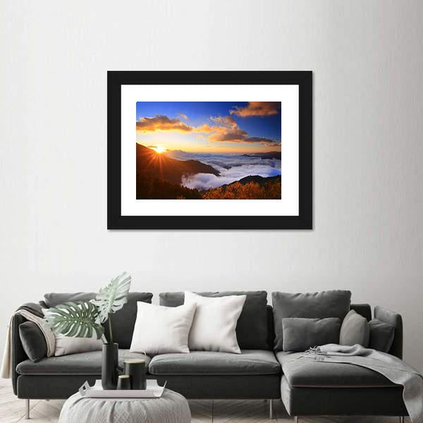 Sunrise And Sea Of Cloud With Mountains Panoramic Canvas Wall Art-1 Piece-36" x 12"-Tiaracle