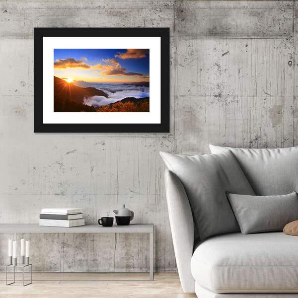 Sunrise And Sea Of Cloud With Mountains Panoramic Canvas Wall Art-1 Piece-36" x 12"-Tiaracle