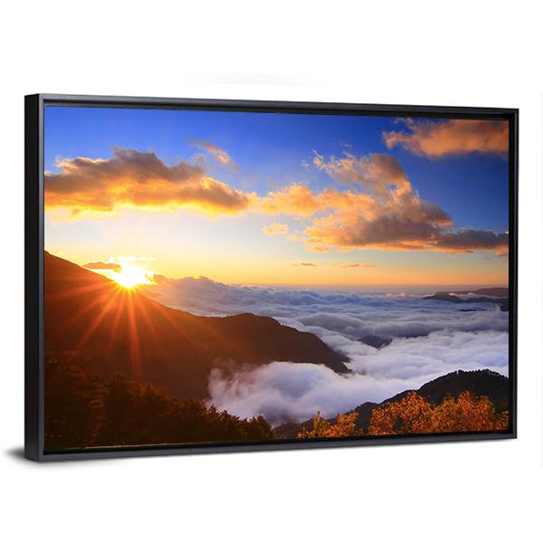 Sunrise And Sea Of Cloud With Mountains Panoramic Canvas Wall Art-1 Piece-36" x 12"-Tiaracle