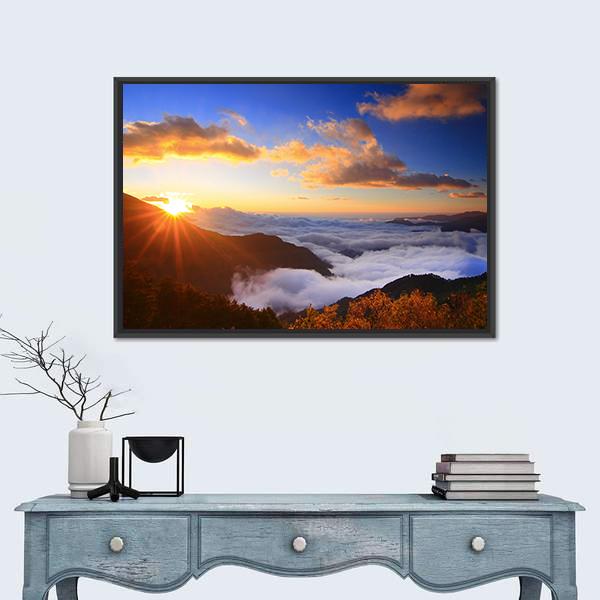 Sunrise And Sea Of Cloud With Mountains Panoramic Canvas Wall Art-1 Piece-36" x 12"-Tiaracle