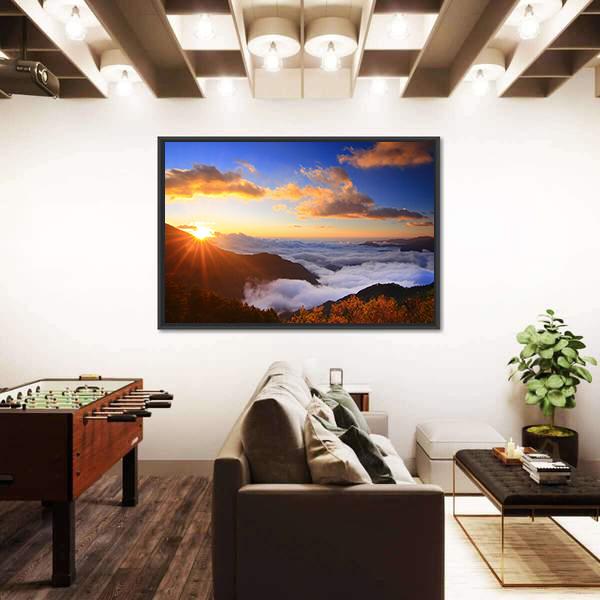 Sunrise And Sea Of Cloud With Mountains Panoramic Canvas Wall Art-1 Piece-36" x 12"-Tiaracle