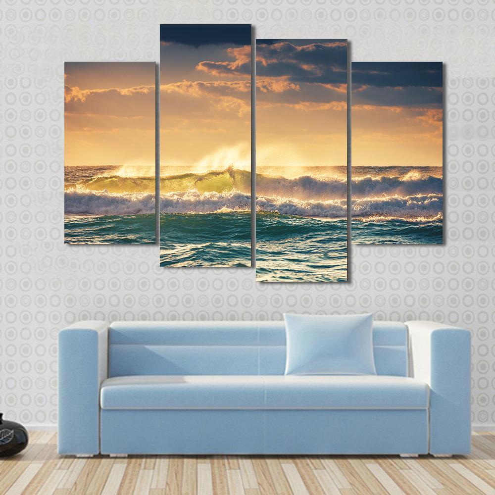 Sunrise And Shining Waves In Ocean Canvas Wall Art-4 Pop-Gallery Wrap-50&quot; x 32&quot;-Tiaracle