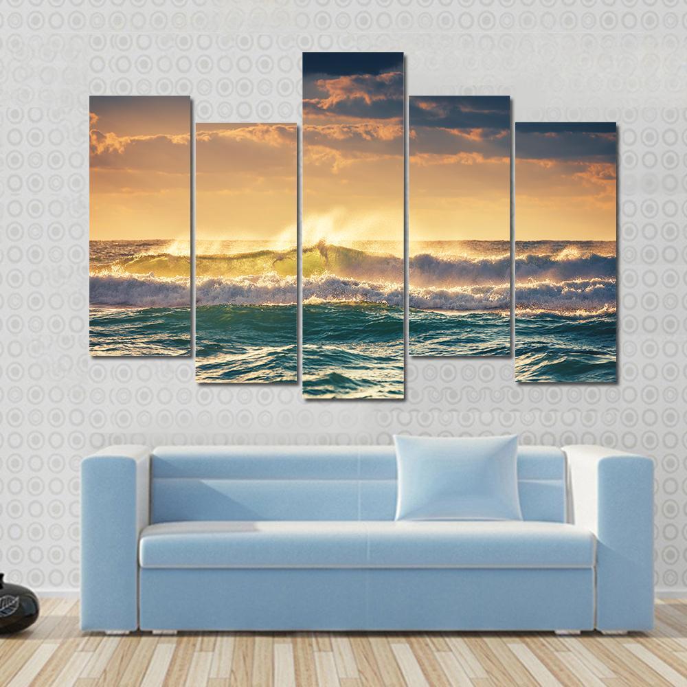 Sunrise And Shining Waves In Ocean Canvas Wall Art-5 Pop-Gallery Wrap-47" x 32"-Tiaracle