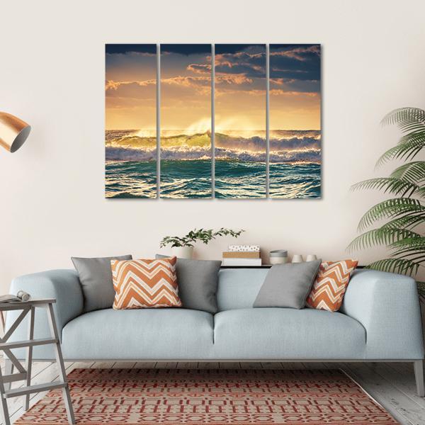 Sunrise And Shining Waves In Ocean Canvas Wall Art-4 Horizontal-Gallery Wrap-34" x 24"-Tiaracle