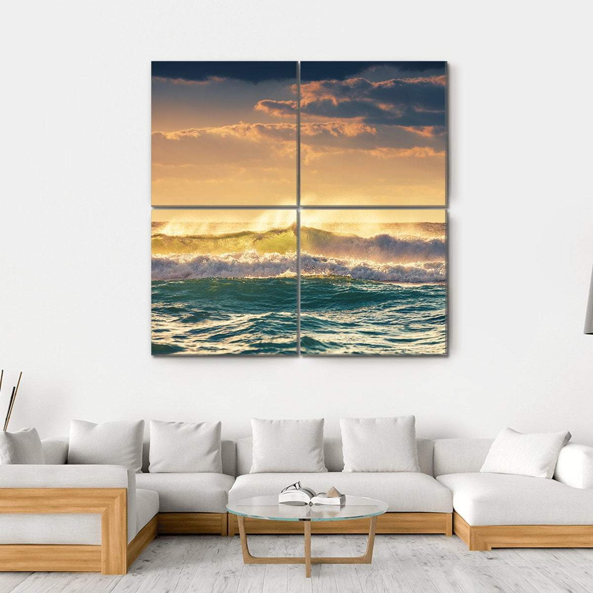 Sunrise And Shining Waves In Ocean Canvas Wall Art-4 Square-Gallery Wrap-17" x 17"-Tiaracle