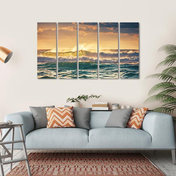 Sunrise And Shining Waves In Ocean Canvas Wall Art-5 Horizontal-Gallery Wrap-22" x 12"-Tiaracle