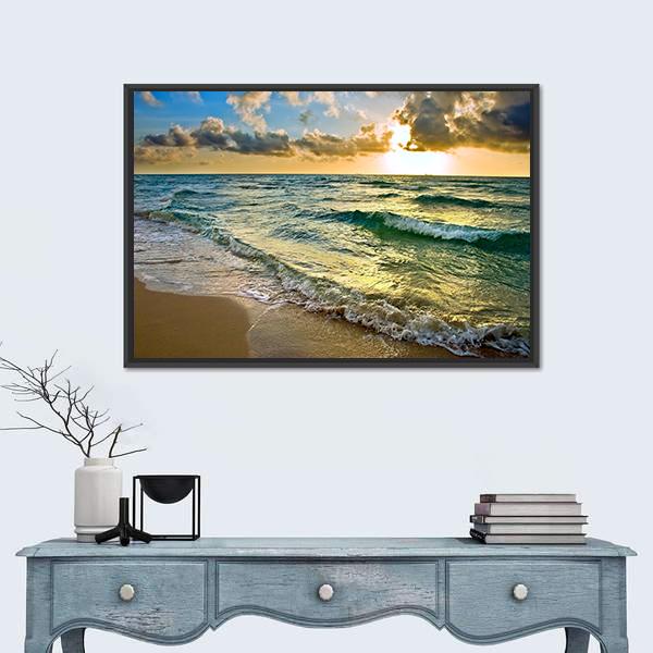 Sunrise at Atlantic Ocean Coast near Florida USA Canvas Wall Art-1 Piece-Floating Frame-24" x 16"-Tiaracle