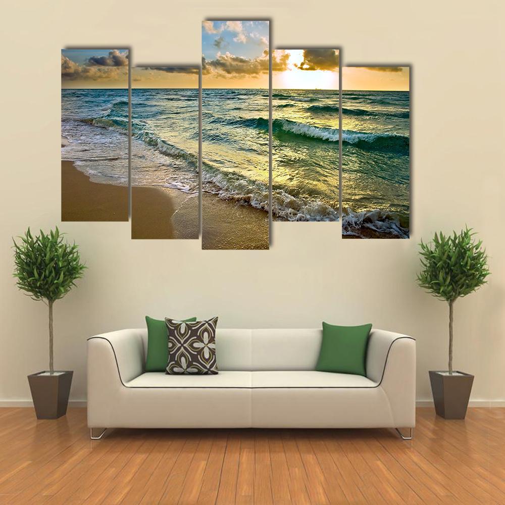Sunrise at Atlantic Ocean Coast near Florida USA Canvas Wall Art-5 Pop-Gallery Wrap-47" x 32"-Tiaracle