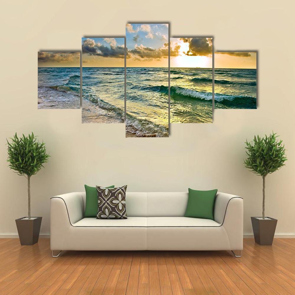 Sunrise at Atlantic Ocean Coast near Florida USA Canvas Wall Art-5 Star-Gallery Wrap-62" x 32"-Tiaracle