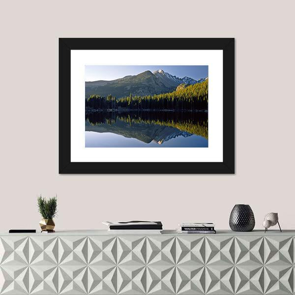Sunrise at Bear Lake in National Park Canvas Wall Art in gray, green and blue, framed print, product view on a white background