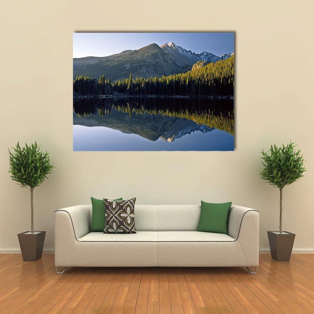 Sunrise at Bear Lake in National Park Canvas Wall Art in gray, green and blue, single panel hung on a wall