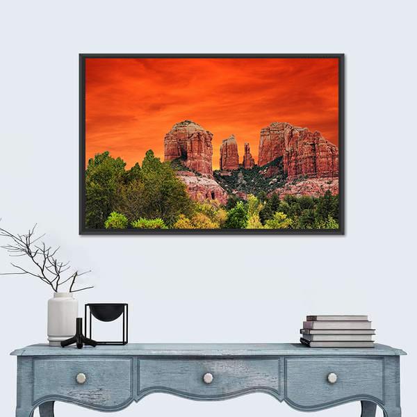 Sunrise Over Cathedral Rock, Sedona Canvas Wall Art in red, orange and green, framed canvas, product view on a white background