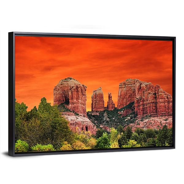 Sunrise At Cathedral Rock Sedona Arizona Canvas Wall Art-3 Horizontal-Gallery Wrap-25" x 16"-Tiaracle