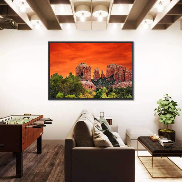 Sunrise At Cathedral Rock Sedona Arizona Canvas Wall Art-3 Horizontal-Gallery Wrap-25" x 16"-Tiaracle