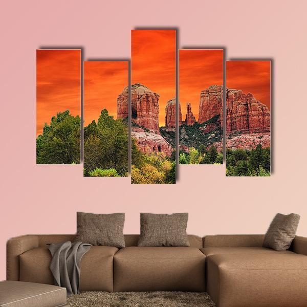 Sunrise At Cathedral Rock Sedona Arizona Canvas Wall Art-5 Pop-Gallery Wrap-47" x 32"-Tiaracle