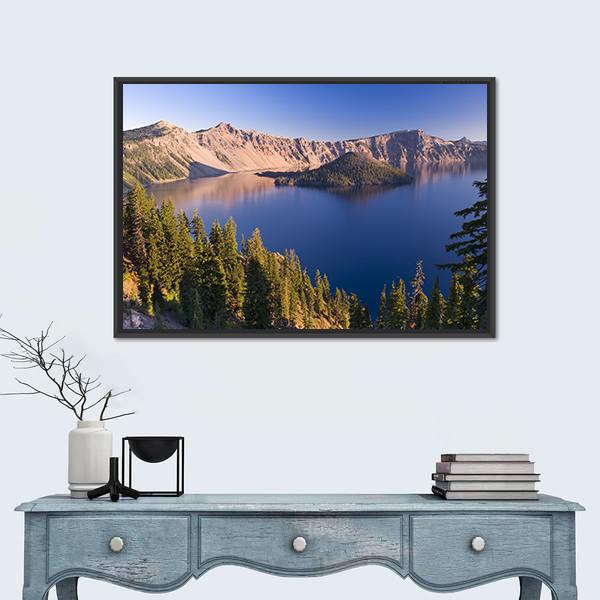 Sunrise At Crater Lake Volcano In Oregon Canvas Wall Art-1 Piece-Floating Frame-24" x 16"-Tiaracle