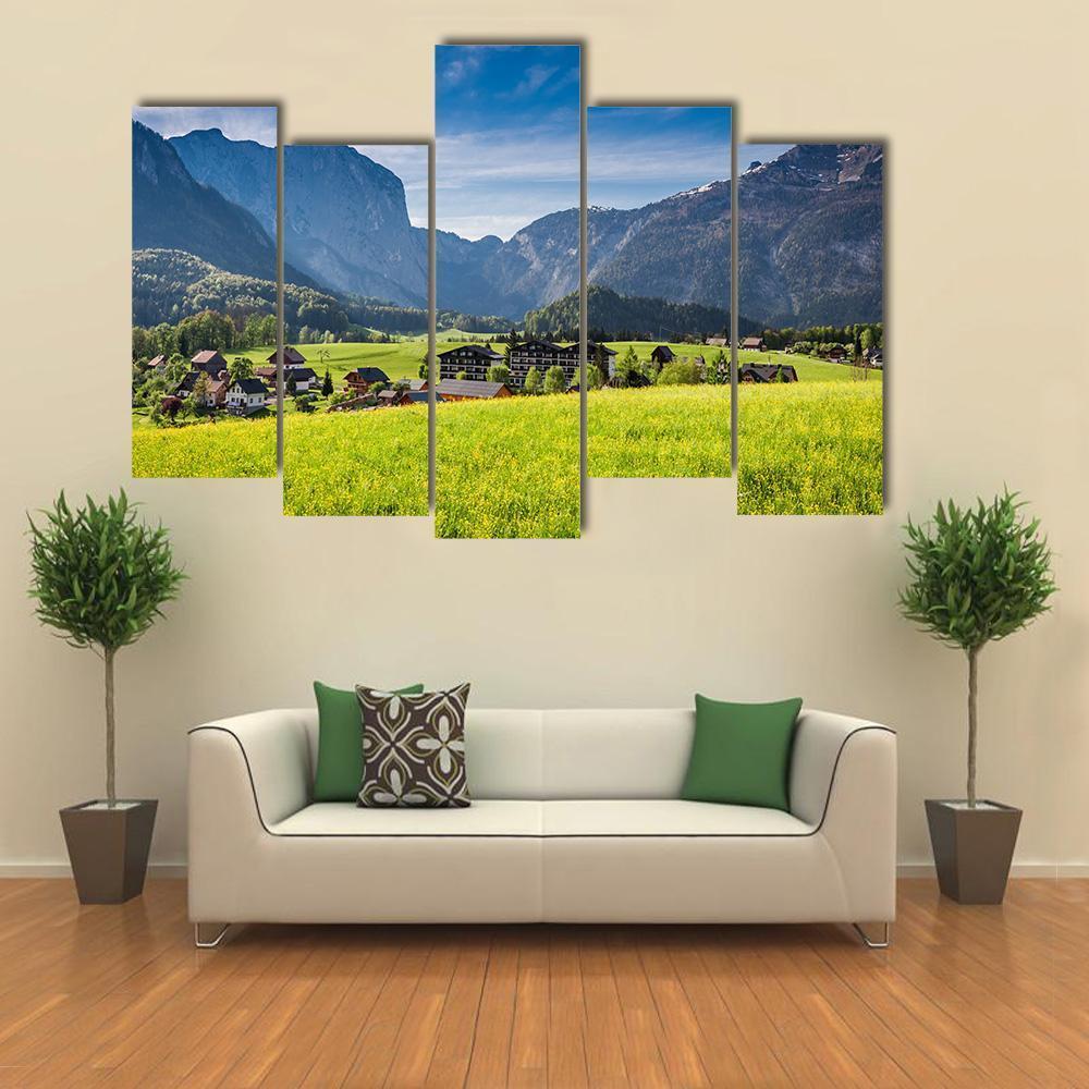 Sunrise At Gosau In Alps Austria Canvas Wall Art-5 Pop-Gallery Wrap-47" x 32"-Tiaracle