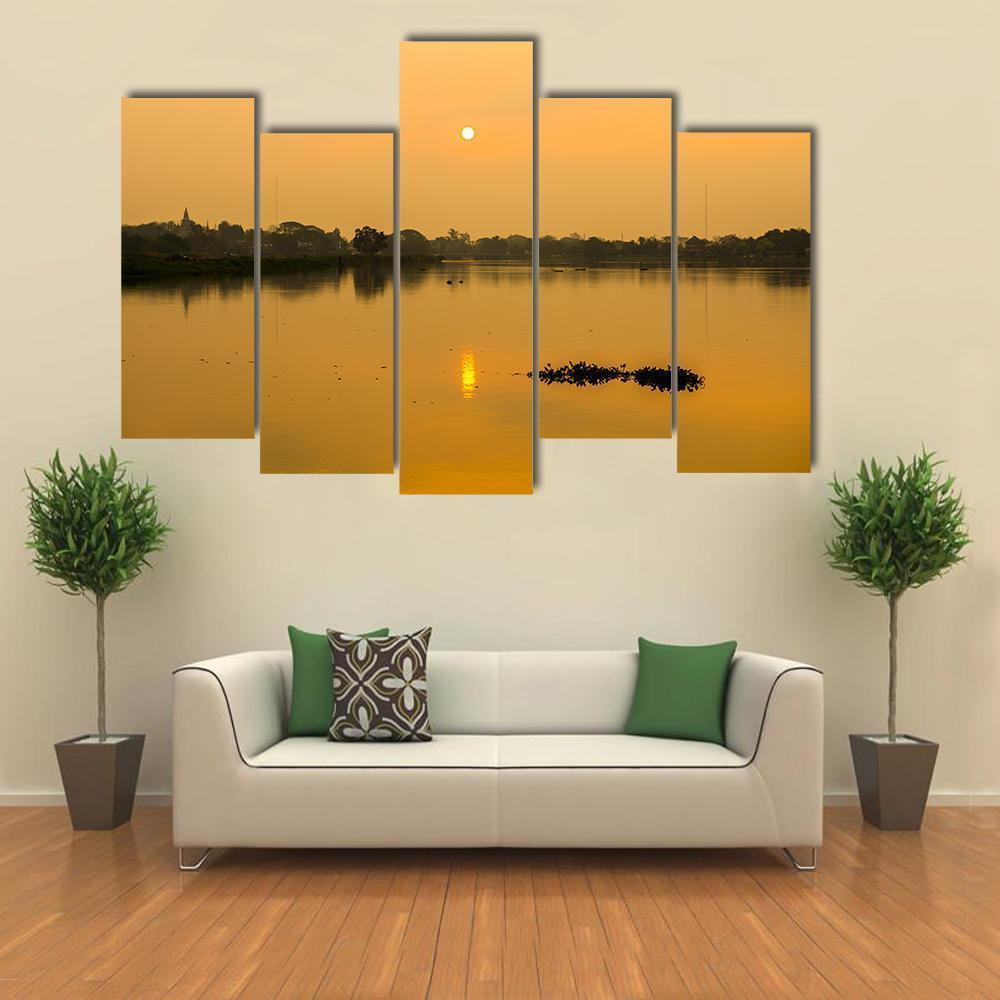 Sunrise At Kwan Phayao Lake Canvas Wall Art-5 Pop-Gallery Wrap-47" x 32"-Tiaracle